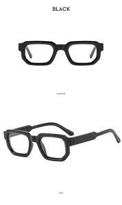Detailed front and side views of black geometric square sunglasses with polished finish