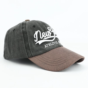 Retro baseball cap in washed canvas and leather brim with New York 3D embroidery