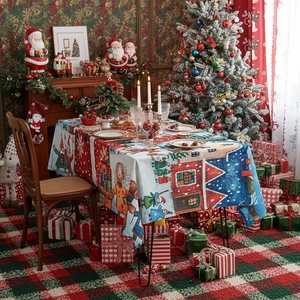 Christmas Tablecloth Polyester Rectangular Holiday Dining Table Cover Party Decoration Santa Claus Snow Scene Festive