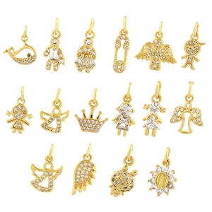 18K gold plated copper charms with cubic zirconia in angel and animal designs