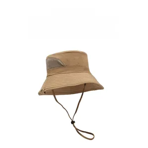 Detail view of khaki sun hat featuring breathable mesh vents and adjustable chin drawstring