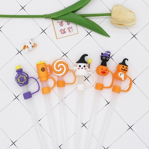 Set of 6 Halloween themed 10mm silicone straw covers with ghost and pumpkin designs