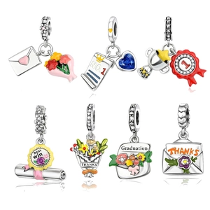 Graduation Dangle Charm 925 Sterling Silver Colorful Enamel Zirconia Bouquet Trophy Certificate Pendant Jewelry Gift