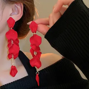 Elegant long matte red rose petal tassel earrings with gold metal accents for women