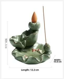 Detail view of a ceramic lotus leaf incense burner with dimensions 12.2 x 10.8 x 8.1 cm