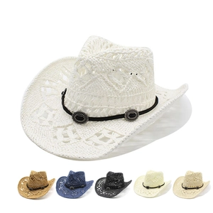 Western Cowboy Straw Hat Paper Braided Wide Brim Hollow Out Breathable Summer Beach Sun Travel Jazz Fedora For Men Women