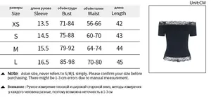 Detailed size chart with measurements for the lace off-shoulder slim fit short sleeve top