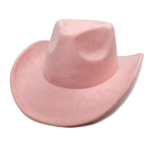 Detail of pink faux suede cowboy hat showing wide brim and classic western fedora style