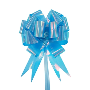 Detail of light blue holographic 3D ball ribbon bow for Christmas gift wrapping