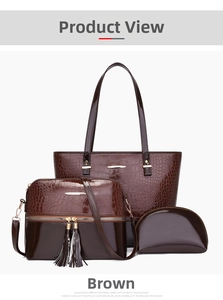 Detailed set of brown crocodile pattern tote bag, crossbody with tassel and coin purse
