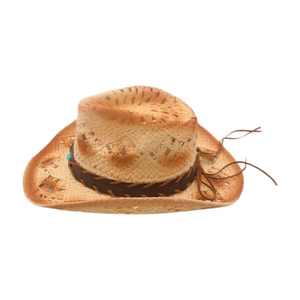 Distressed woven straw cowboy sun hat with turquoise bead and breathable hollow pattern