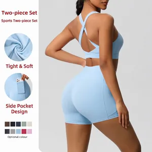 Women Yoga Sports Bra And High Waist Shorts Outfit Nylon Spandex High Elasticity Gym Fitness Workout Clothes