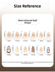 Size chart for short almond press-on nails showing 12 different dimensions and length details