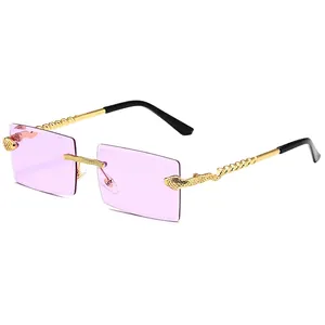Frameless rectangle sunglasses with purple lenses and gold snake textured metal temples