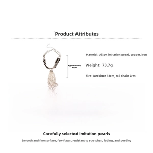 Detail specifications for fringe pearl necklace with alloy materials and size labels