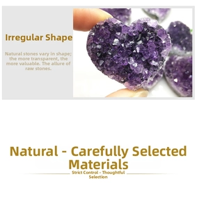 Detailed close-up of a heart-shaped natural amethyst cluster with deep purple crystals