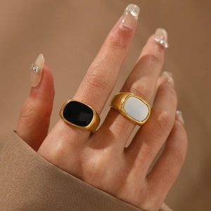 Signet Ring Stainless Steel Black White Inlay Minimalist Geometric Gold Plated Fashion Jewelry For Women Men