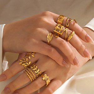 Gold Plated Stainless Steel Ring For Women Open Adjustable Leaf Flower Geometric Shape Minimalist Fashion Jewelry