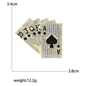 Gold-plated hip hop poker royal flush brooch with sparkling rhinestones and black enamel
