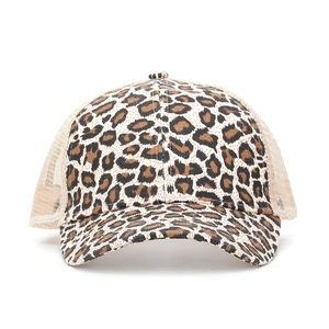 Close-up of leopard print baseball cap with breathable mesh back and curved brim detail