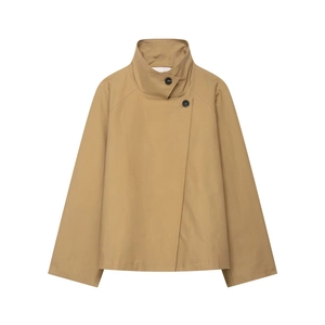 Women Minimalist Khaki Stand Collar Short Trench Coat Raglan Sleeve Single Breasted Jacket Casual Elegant Outerwear For Autumn