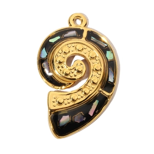 Macro shot of spiral gold pendant with iridescent abalone shell inlay on white background