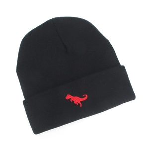 Close-up of red dinosaur embroidery on the folded brim of a black knitted winter hat