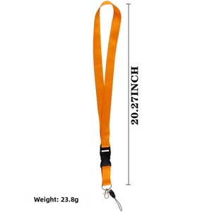 Orange nylon lanyard with black plastic buckle and metal lobster clasp detail