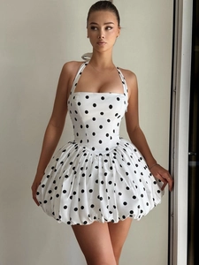 Polka Dot Halter Mini Dress Backless High Waist Bubble Hem Elegant Sleeveless Polyester Summer Party Women