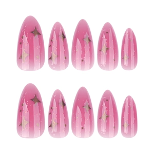 Unghie finte a mandorla sfumate rosa con stelle dorate e glitter set da 10 pezzi