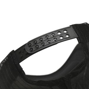Rear view of black mesh baseball cap showing adjustable double-row plastic snapback strap