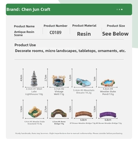 Size chart showing resin miniature garden decor including lighthouse, well and stone bridge