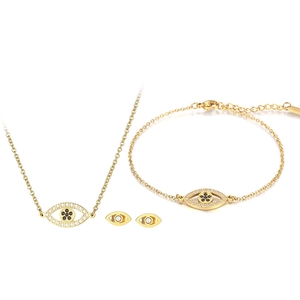 Minimalist evil eye jewelry set with rhinestone necklace, bracelet and earrings in steel