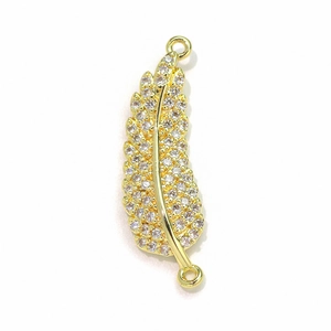 18k gold-plated copper feather pendant with micro-pave zircons for DIY jewelry making