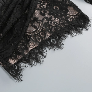 Détail de dentelle de cils noire montrant des motifs floraux délicats en maille fine