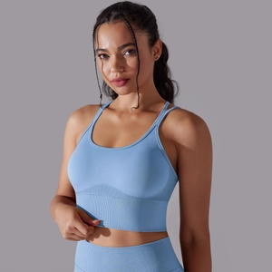 Gros plan sur la texture côtelée sans couture et l'ourlet large du soutien-gorge bleu