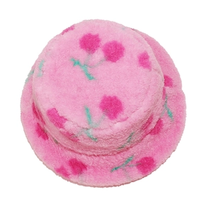 Pink plush bucket hat with cherry print made of warm faux fur for women in winter