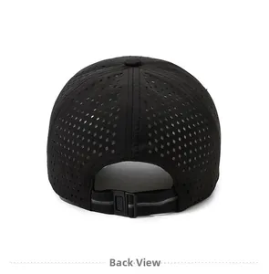 Detail view of the breathable laser-cut holes and adjustable back buckle on black sport cap