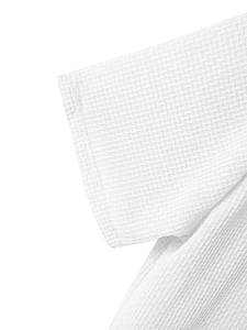 Close-up of white waffle texture fabric and premium stitching on the men's t-shirt sleeve