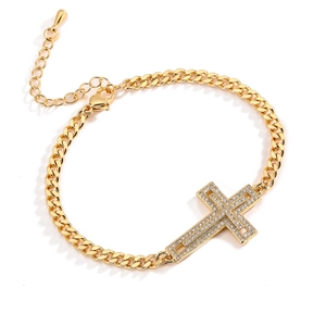 18K gold plated Cuban chain bracelet with a sparkling zircon cross pendant for women