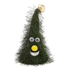 Dettaglio cappello natalizio in peluche verde con volto animato e campanellino d'oro