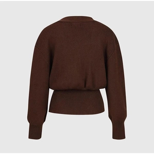 Rear view of minimalist dark brown knit cardigan with ribbed hem and lantern sleeves