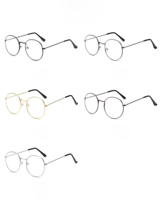 Five assorted retro round metal glasses frames in black, gold, silver, and bronze colors