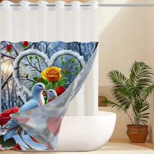 Detail of floral shower curtain with double-layered heart pattern and white doves