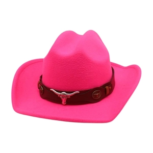Pink western cowboy felt hat with brown leather band and silver bull head ornament