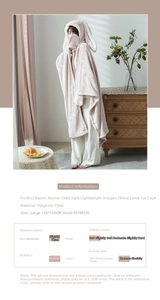 Detail of pink rabbit ear hooded cloak with heart embroidery and warm lamb wool lining