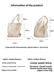 Detailed size specifications for the hollow embroidery canvas tote bag with strap dimensions