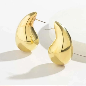 Minimalist gold teardrop earrings with a high-shine mirrored polished metal finish