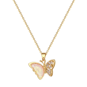 Titanium steel butterfly necklace set with pink crystal texture and gold-plated cubic zirconia