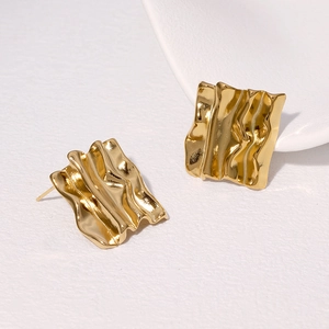 Minimalist gold plated stainless steel irregular wave textured stud earrings for women